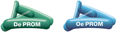 Zwei stilisierte Logos in Form von abstrahierten, dreidimensionalen, gebogenen Formen – links grün mit der Aufschrift „De PROM“, rechts blau mit der Aufschrift „Oe PROM“.